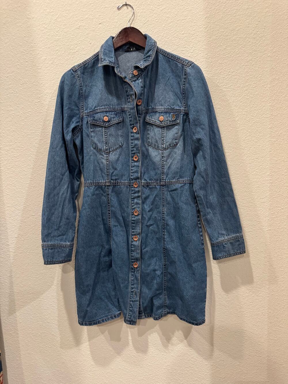 Frye Denim Button Front Dress Medium Wash Orange Logo Buttons Pockets Women S
